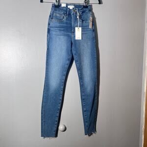 NWT Good American Good Legs Skinny Jeans 00 / 24 Blue Ankle Raw Hem Stretch